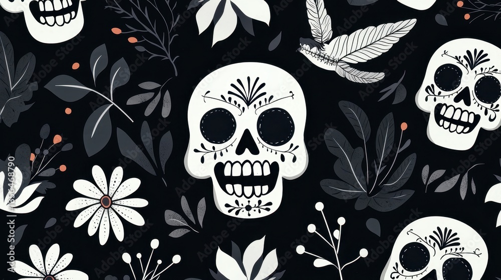 Fototapeta premium Floral Skull Pattern with Leaves and Flowers on Black Background, Artistic Illustration for Celebrations and Festivities