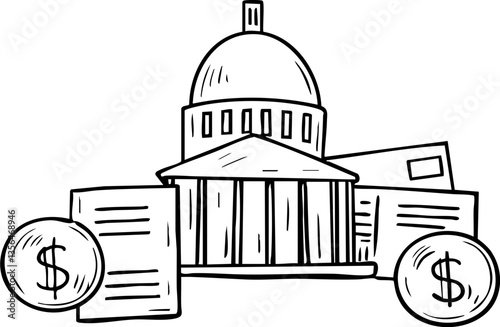 impact effect economic concept. Financial institution illustration with money and documents around a bank building.