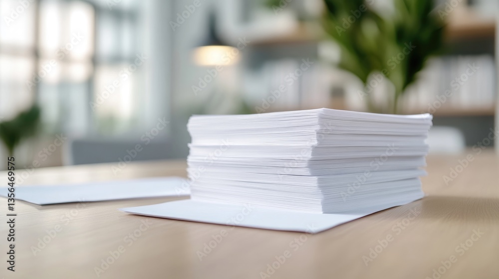 Stack of white papers on a light wooden table Stack of white papers on a light wooden table