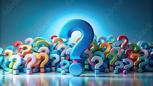 A single blue question mark stands tall above a sea of colorful question marks, representing the search for answers in a world full of uncertainty.