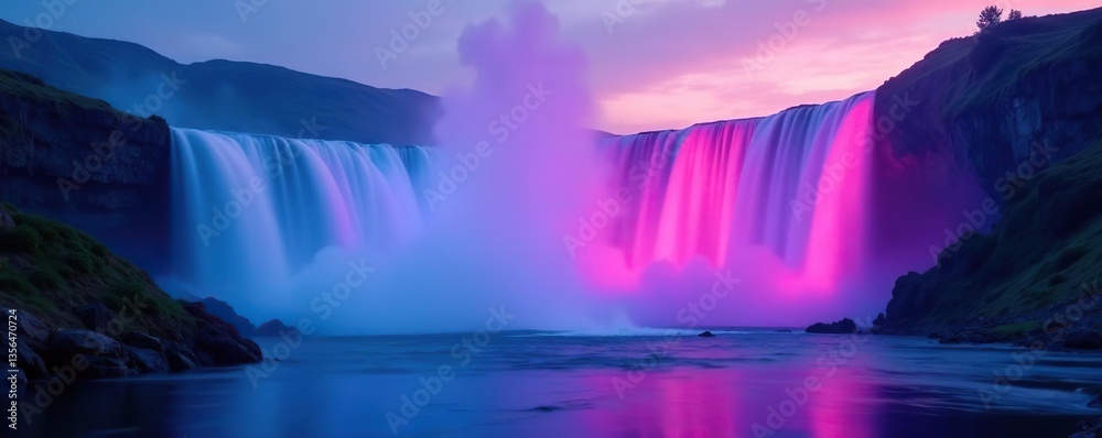 custom made wallpaper toronto digitalSoft blue and pink neon lights illuminating the misty veil of a serene waterfall at dusk, glow, serene