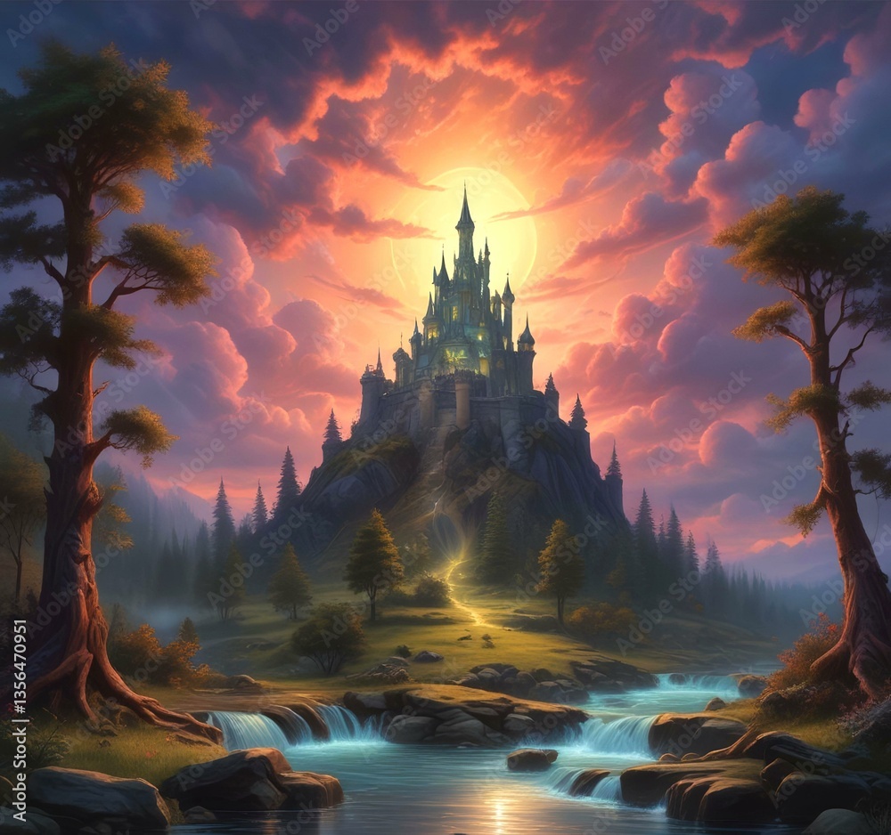 Naklejka premium Illustration of fantasy forest with creek and tower castle.