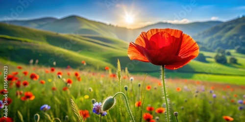 A single red poppy flower stands tall in a field of wildflowers, bathed in the warm glow of the setting sun, with rolling green hills as a backdrop.