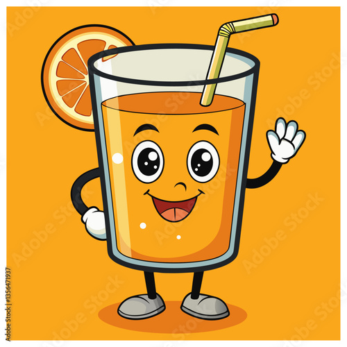 Smiling Orange Juice Cartoon with Straw for Kids and Beverage Fans