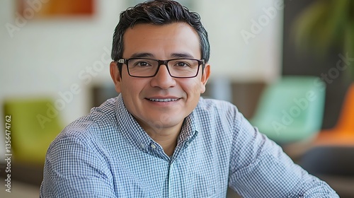 Hispanic corporate leader wearing glasses, carefully evaluating revenue projections, office space featuring soft Easter-themed decor