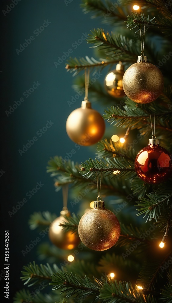 Fototapeta premium Sparkling golden ornaments on a bare Christmas tree branches, ornaments, tree branches, festive