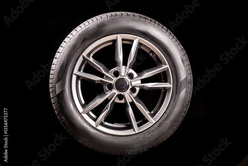 wheel. black background. car wheel with tire. disk is smelted from titanium. close-up. there is tinting