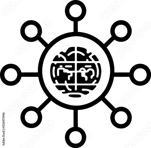 Globe connected to circles symbolizes global connectivity. Ideal for illustrating worldwide communication, networking, globalization, technology, and international relations.