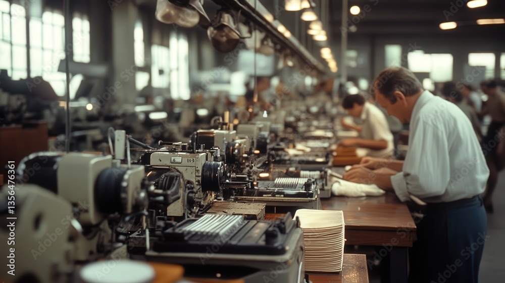 Factory workers operating machinery in a 1950s textile mill Factory workers operating machinery in a 1950s textile mill