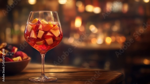 A tall stemmed glass of refreshing sangria sits on wood