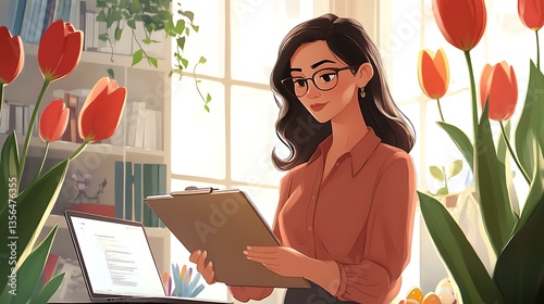 Hispanic financial analyst in a contemporary office, wearing glasses and a stylish blouse, reviewing data on a clipboard, a laptop open, with tulips and Easter eggs enhancing the space
