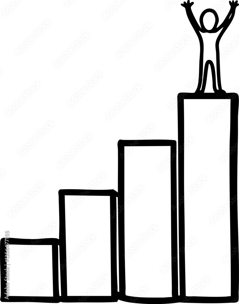 Professional Change promotion concept. Figure celebrating atop a bar graph showing growth and success. Professional Change promotion concept. Figure celebrating atop a bar graph showing growth and success.