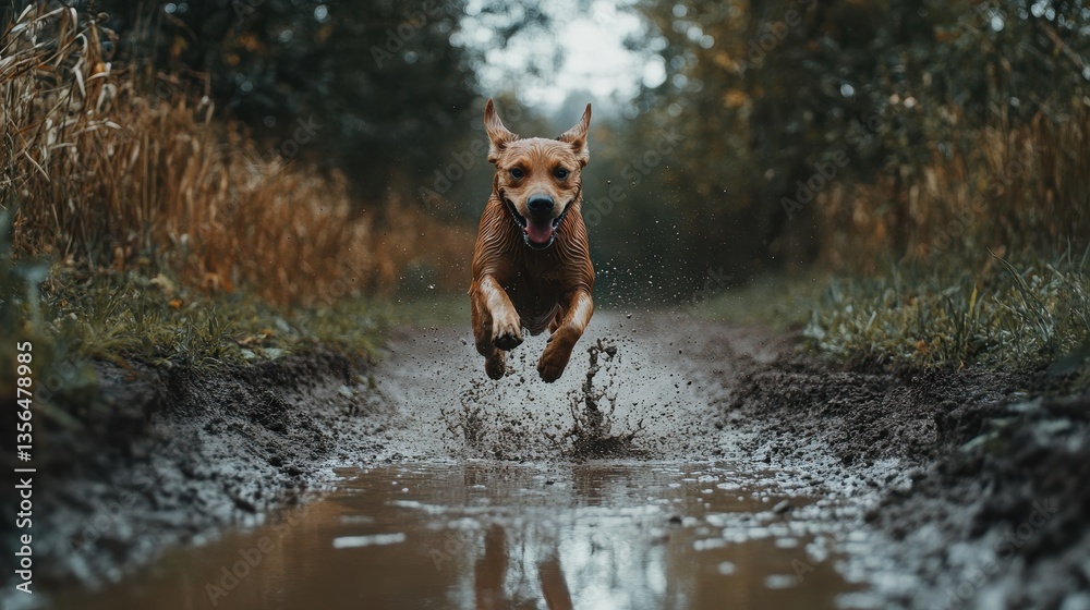 Naklejka premium Joyful dog leaps through muddy puddles on a dirt path, embracing the thrill of outdoor adventure in nature with pure delight and energy