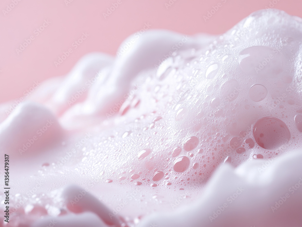 Fototapeta premium Delicate pastel pink foam with water droplets creates a soft, abstract landscape texture that evokes feelings of cleanliness.