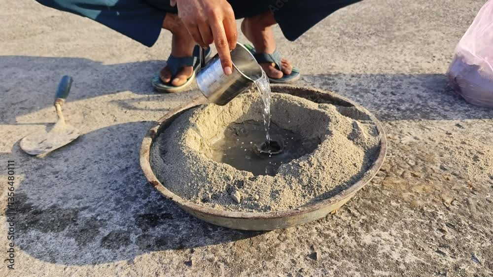Construction Worker manually mixing cement, sand and water for work.
