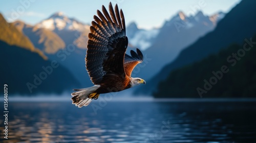 Majestic eagle soaring above a serene mountain lake