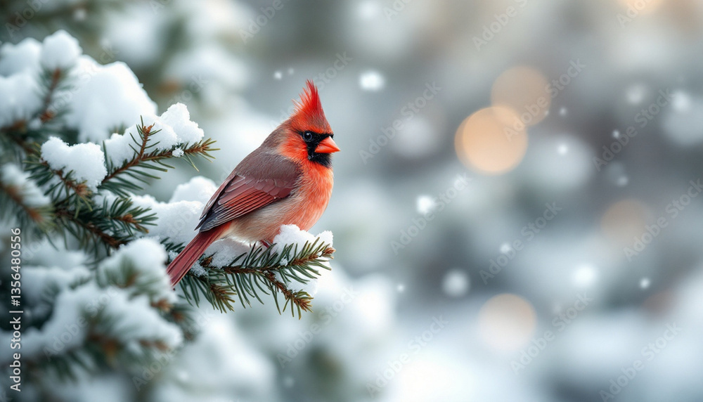 northen cardinal perched on snow-covered in winter wonderland northen cardinal perched on snow-covered in winter wonderland