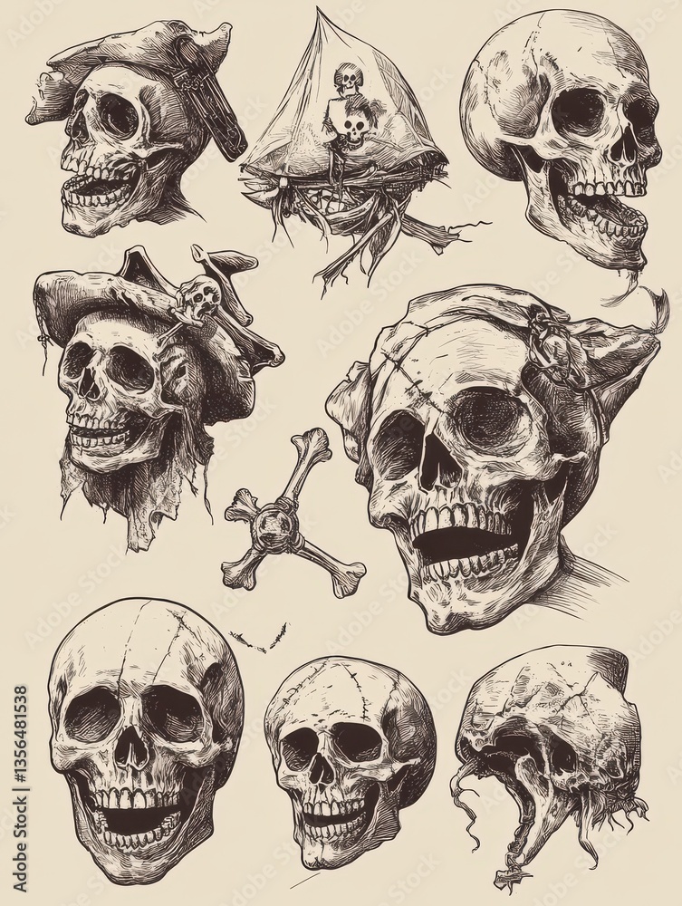 Fototapeta premium Vintage Pirate Skulls Tattoo Sketch Set - Roger Mas Funny Illustration