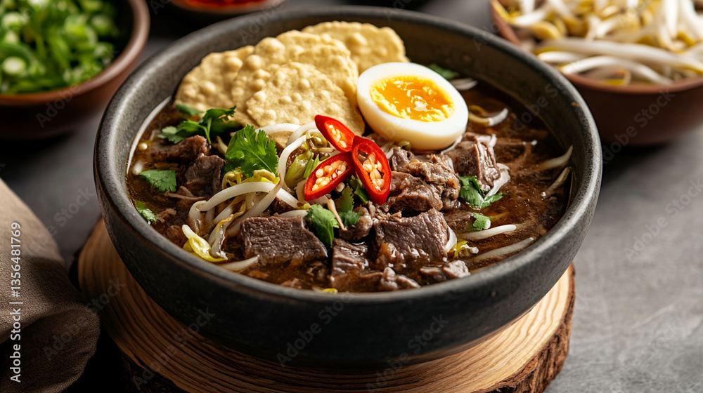 Delicious and appetizing braised beef noodle soup with half a boiled egg on a wooden base Delicious and appetizing braised beef noodle soup with half a boiled egg on a wooden base