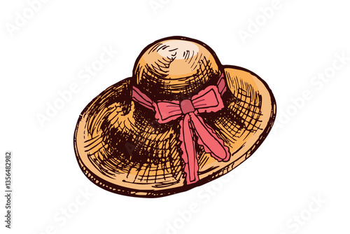 Hand-drawn straw hat with ribbon in vintage summer style and warm colors