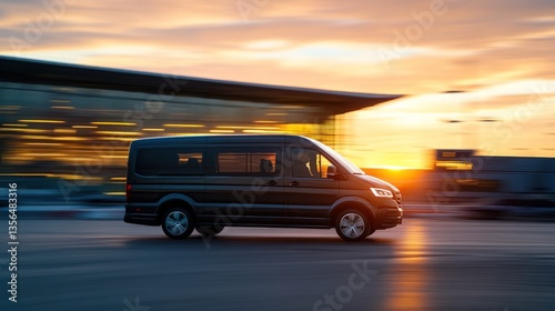 Dark van moving swiftly on city road at sunset