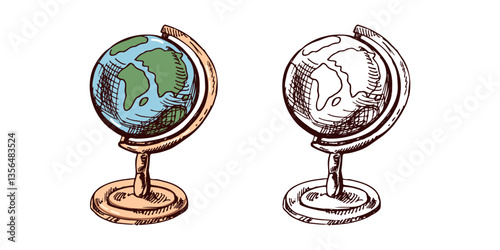 Hand-drawn globe with color and monochrome version in vintage engraved style