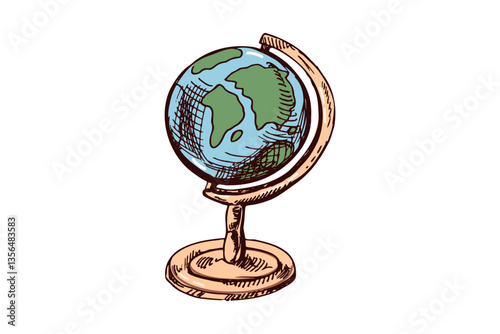 Hand-drawn colored globe for travel and geography in vintage engraved style