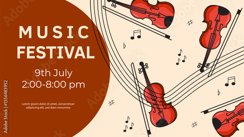 Music festival banner with violin. For poster, card, banner, discount, special offer, cover, menu, advertising. Vector illustration EPS10 

