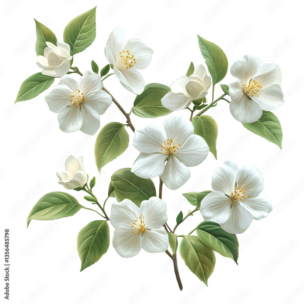 Fototapeta premium White Blossoms Branch Spring Flowers Nature Botanical Illustration,