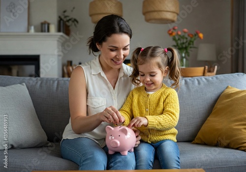 Smiling mature american mother helping daughter sitting on lap putting money in piggy bank. Cute little black girl saving money by adding a coin in piggy bank with mother at home.