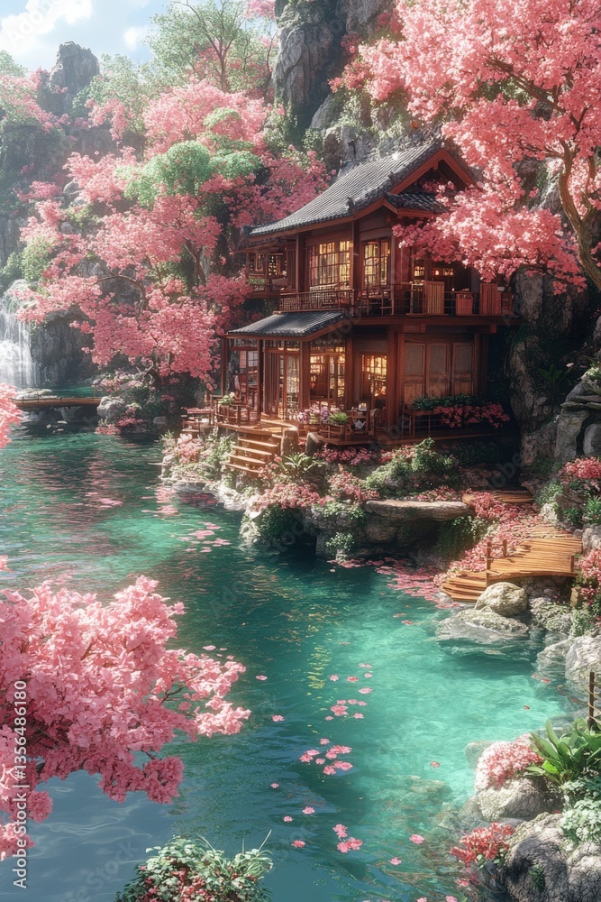 Fototapeta premium Serene Cherry Blossom House by Waterfall.
