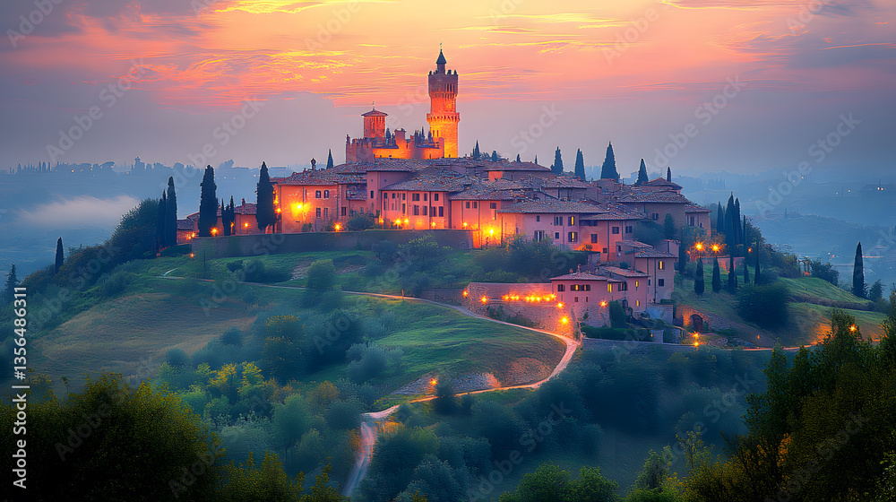Fototapeta premium An inspiring photography of a majestic castle on a hill at twilight, with warm lights glowing from its windows and the surrounding landscape wrapped in a peaceful evening haze.
