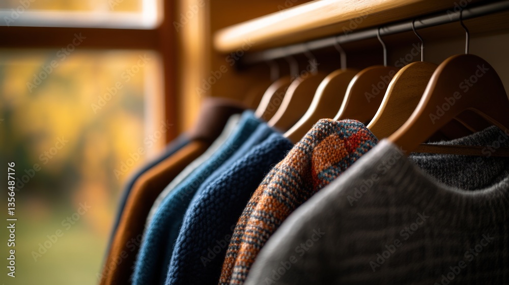 Row of sweaters on wooden hangers Row of sweaters on wooden hangers