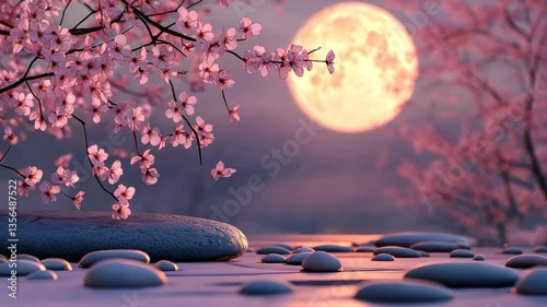 Cherry blossoms in soft pink bloom under the glowing light of a full moon, with smooth pebbles scattered on the ground, evoking a peaceful night