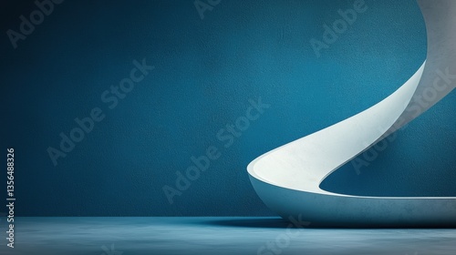 Abstract architectural design featuring a smooth, curved white shape against a dark blue textured wall for modern aesthetic and minimalist style