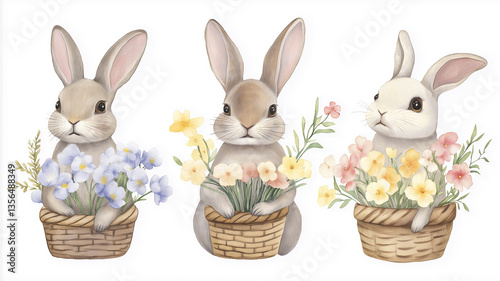 Three adorable rabbits sit contentedly with their flower-filled baskets, bringing joy and cheer Generative AI