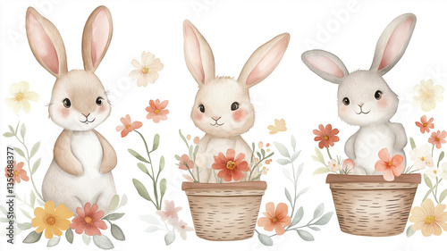 Charming rabbits explore a serene garden filled with vibrant flowers and playful baskets Generative AI