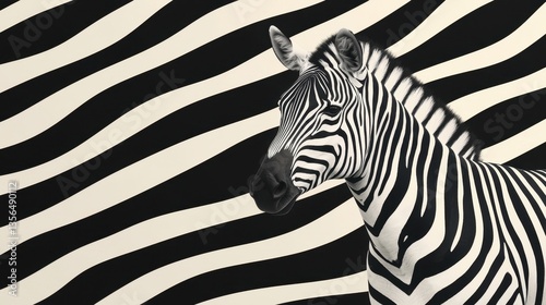 Majestic Zebra in Front of Bold Black and White Striped Background, Showcase of Nature’s Pattern and Contrast, Stunning Wildlife Photography