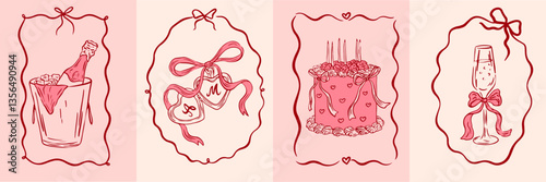 Vintage greeting cards for Valentine's Day in coquette style. Hand drawn whimsical frames with elegant bows and ribbons. Template for poster, banner, wedding invitation, birthday card. Vector illustra