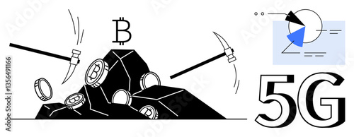 Mining picks extracting Bitcoin from rocks, data visualization charts, 5G text. Ideal for cryptocurrency, analytics, fintech, blockchain tech, innovation mining processes future trends. Flat simple