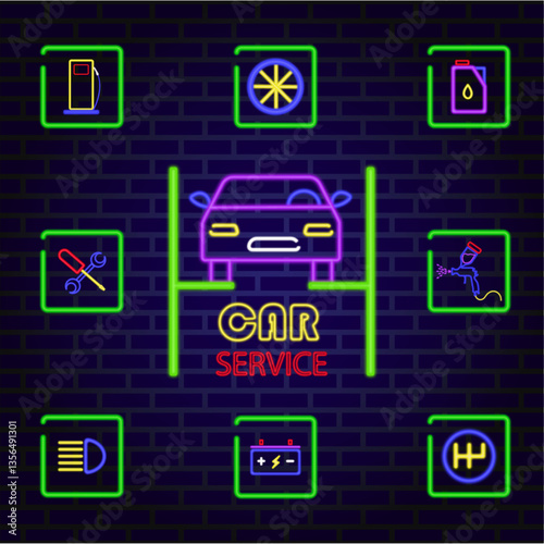 Vector bright neon icons of car service for website or app