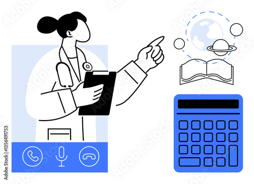 Doctor holding clipboard, pointing at globe with planets above book. Calculator and communication icons signify technology, learning, healthcare. Ideal for education, telemedicine, e-learning