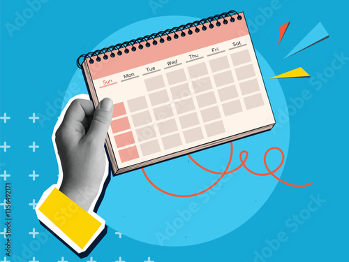 A black and white hand holds a calendar. Modern photo collage style. Vector illustration