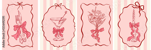 Vintage greeting cards in coquette style. Hand drawn whimsical frames with elegant bows and ribbons. Template for poster, banner, wedding invitation, Valentines day, birthday card. Vector illustration