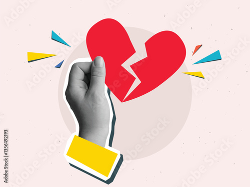 Hand holding a red broken heart. Modern collage style. Vector illustration