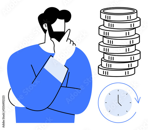 Thoughtful man gesturing near stacked coins and clock emphasizing money management. Ideal for finance, budgeting, planning, decision-making, time management, investment, saving. Flat simple metaphor