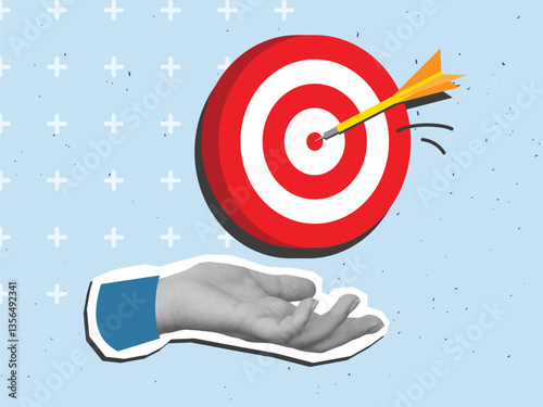 Black and white hand holding a target with a dart in a center. Modern photo collage style. Vector illustration