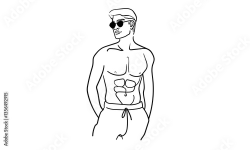 Man is a narcissist, admires himself on white background. Line art drawing. Sport guy asian model. Vector illustration