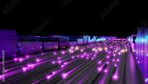 Futuristic 3D render of a digital landscape with glowing purple and blue lights