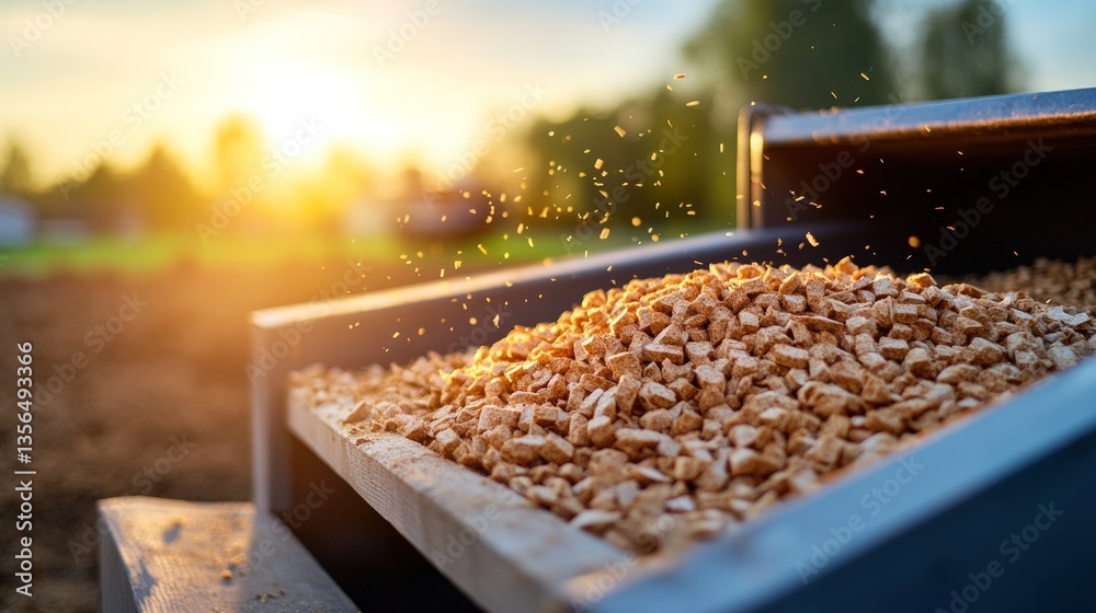 Wood pellets being dispensed from a machine at sunset Wood pellets being dispensed from a machine at sunset